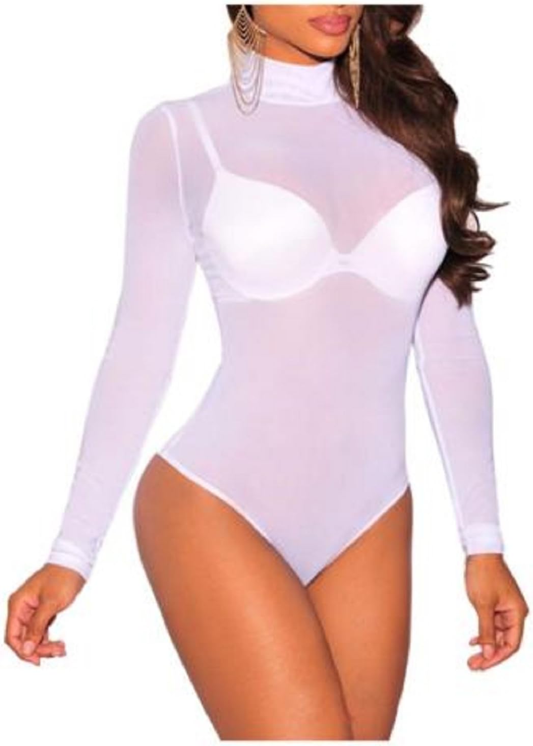 New Women's Turtle Neck Mesh Sheer Long Sleeve Leotard Top Ladies Bodysuit UK Plus Size 8-26
