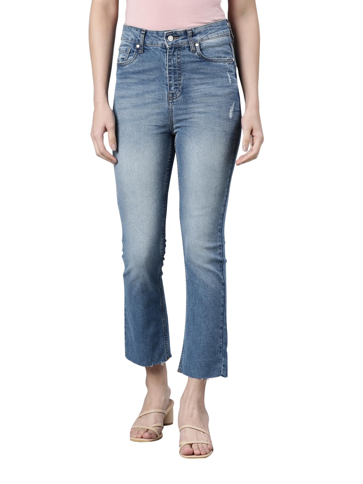 go colors Women Solid Light Blue Denim Mid Rise Stretchable Mini Flare Jeans-picture-23