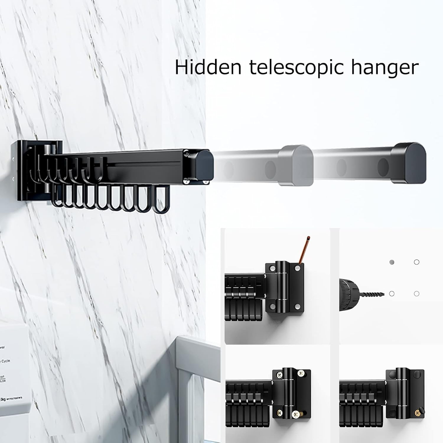 Wall Mounted Clothes Drying Rack, Retractable 360° Rotating Airer, Foldable Space-Saving Aluminium Clothes Hanger for Balcony, Laundry, Bathroom - Black Indoor Clothes Stand