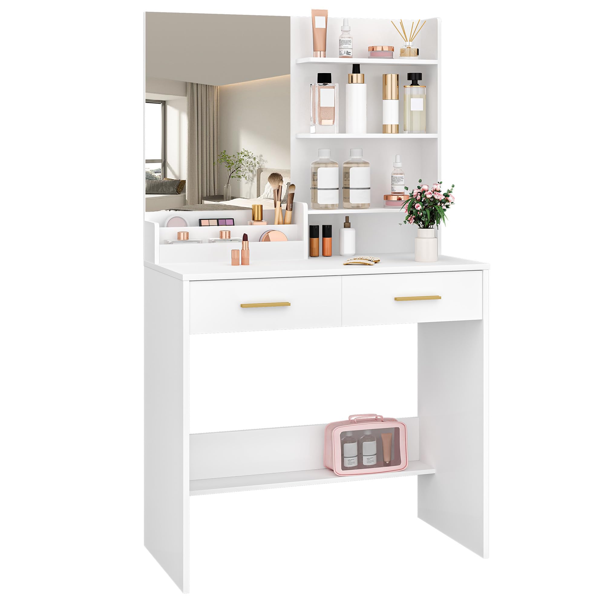 Coiffeuse Avec Miroir LED Et Rangement – 3 Lumières, 2 Tiroirs, 4 étagères, Design Blanc Moderne