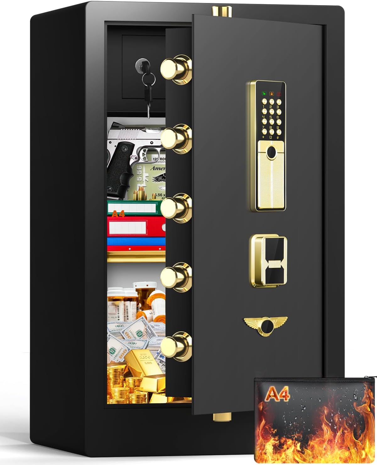 5.1 Cuft Safe Box, Home Safe Box with Fireproof Waterproof Bag, Anti-theft Security Document Safes with Keypad Combination Lock, Smart Alert, Sensor Light, Large Digital Safe Box for Office