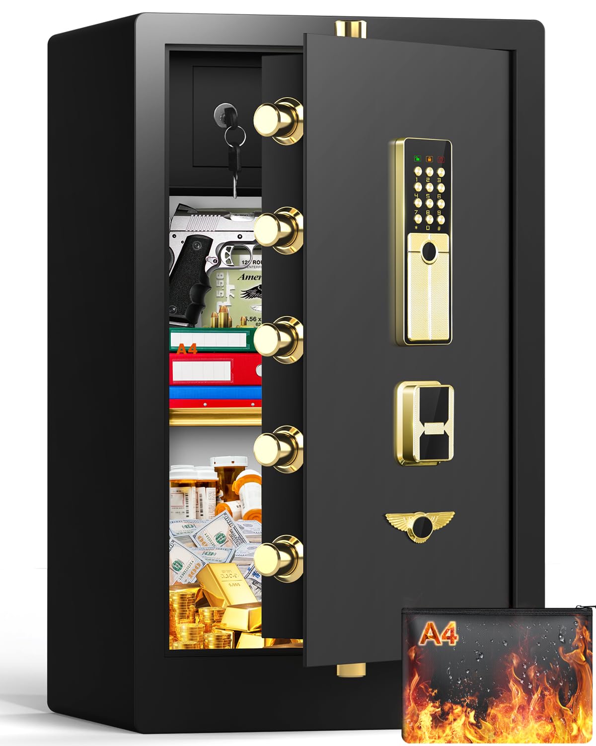 5.1 Cuft Safe Box, Home Safe Box with Fireproof Waterproof Bag, Anti-theft Security Document Safes with Keypad Combination Lock, Smart Alert, Sensor Light, Large Digital Safe Box for Office