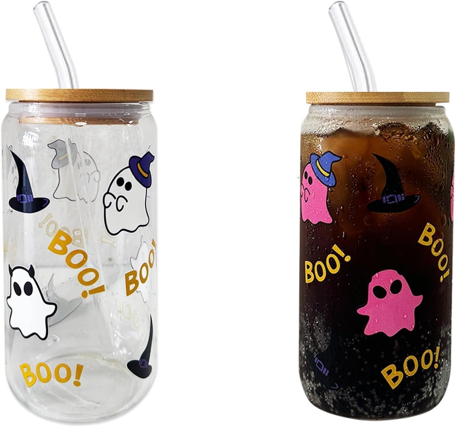 Color Changing glass cups - Glasses Cup with Bamboo Lids and Straws, 16oz Glass Tumbler for Ice Coffee Milk Tea Juice, Cold/hot Drinks, Cute Ghost Printed Drinking Cup with Straw Brush (4 pack)