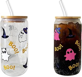 Color Changing Mug Glass Cups Drinking Glasses Cup with Bamboo Lids and Straws, 16oz Glass Tumbler for Ice Coffee Milk Tea Juice, Cold/hot Drinks, Cute Ghost printed glass cup with Straw Brush