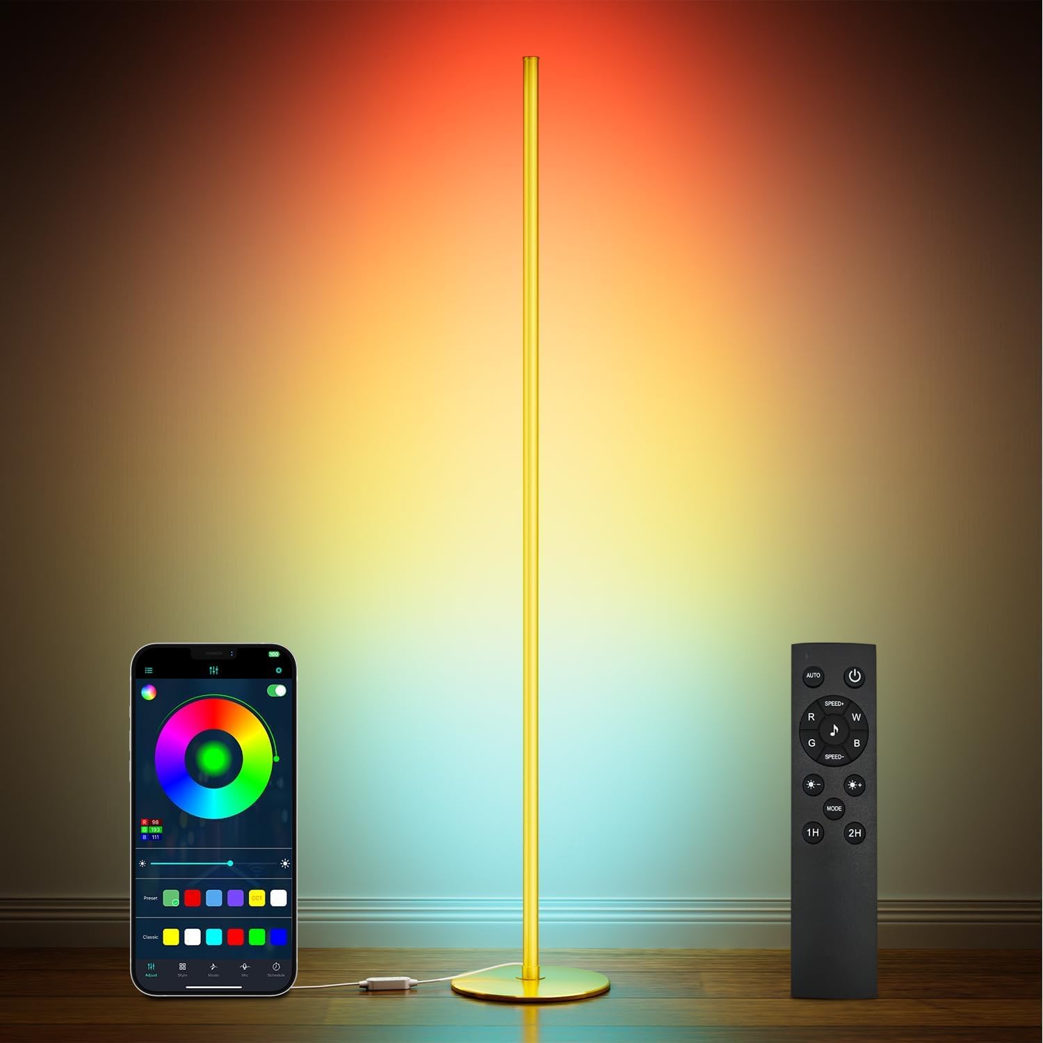 Smart RGB+IC Corner Floor Lamp,Ambient Lighting Color Changing Standing Lamp with 16 Million DIY Colors and Music Mode, App and Remote, Bright LED Tall Lamp for Living Room, Bedroom, Gaming Room Gold