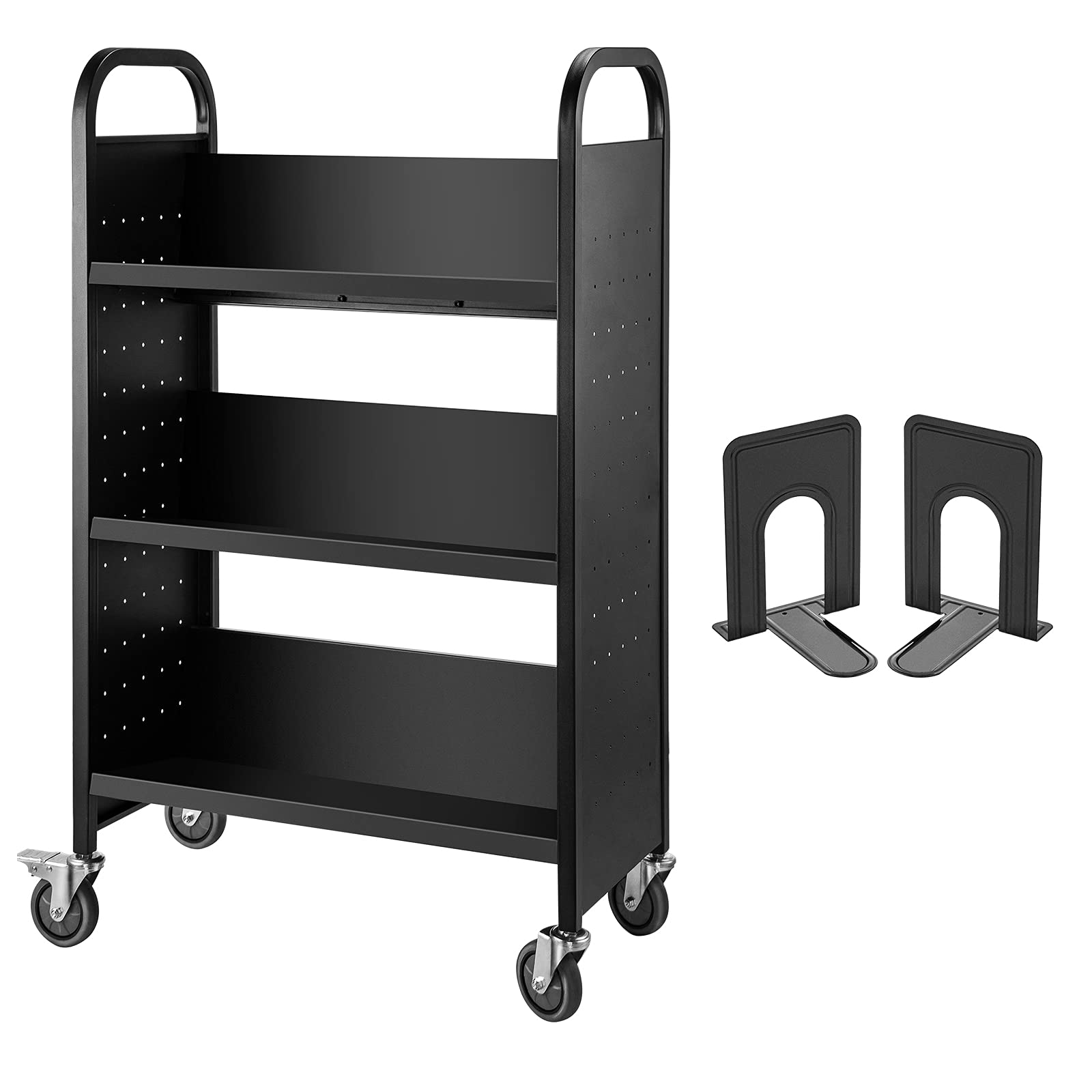 VEVOR Carrello per libri, 90,7 kg, 76 x 35 x 114 cm, ripiani inclinati a forma di V su un lato con ruote bloccabili da 10 cm, per mensole domestiche, ufficio e scuola, camion dei libri in nero