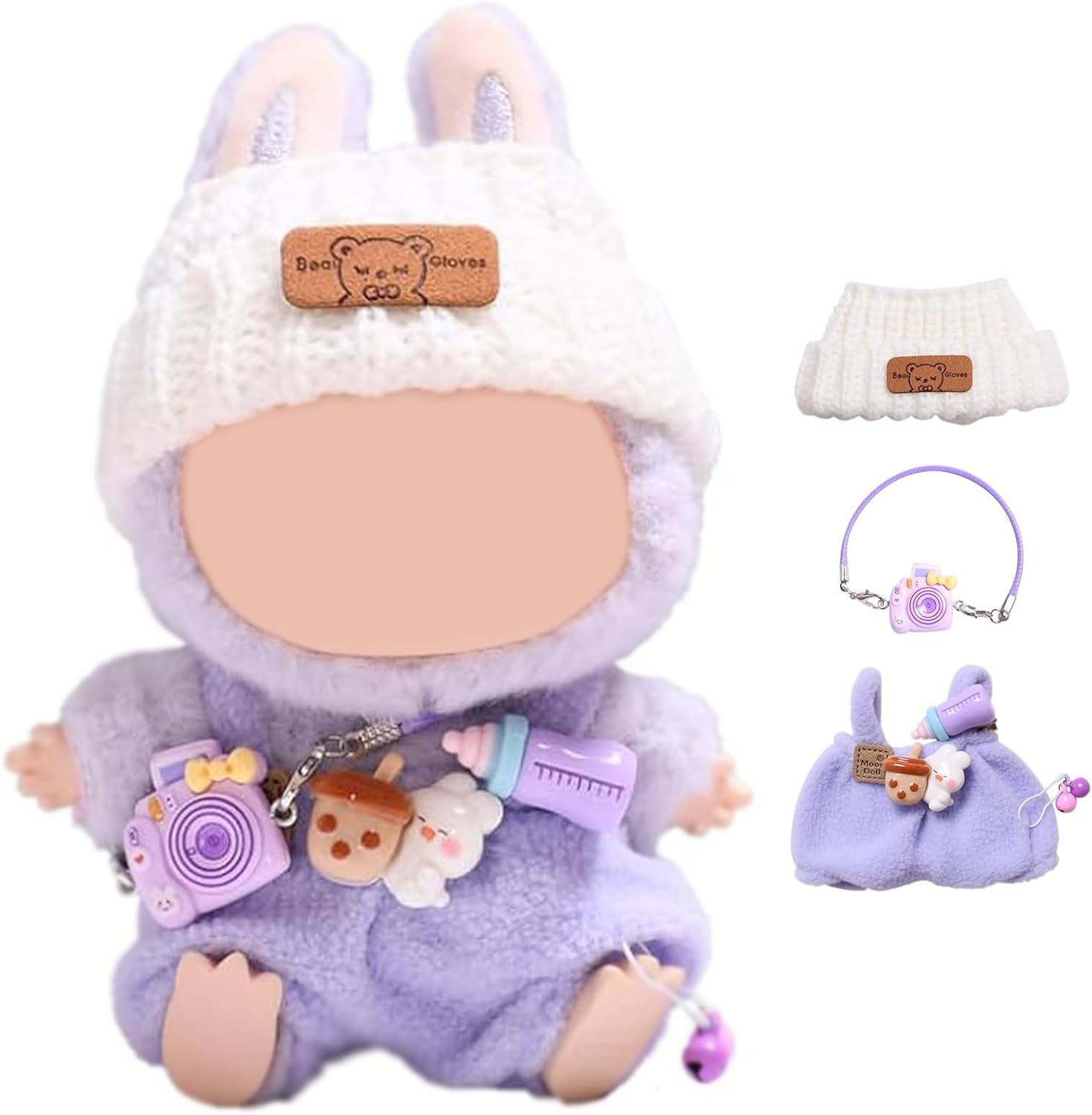 Purple Leisure Outfit for Labubu 1/2/3 Generation Dolls, Lavender Overalls with White Headpiece and Purple Camera Accessories, Made of Durable Materials, Perfect for Photoshoots (Doll Not Included)