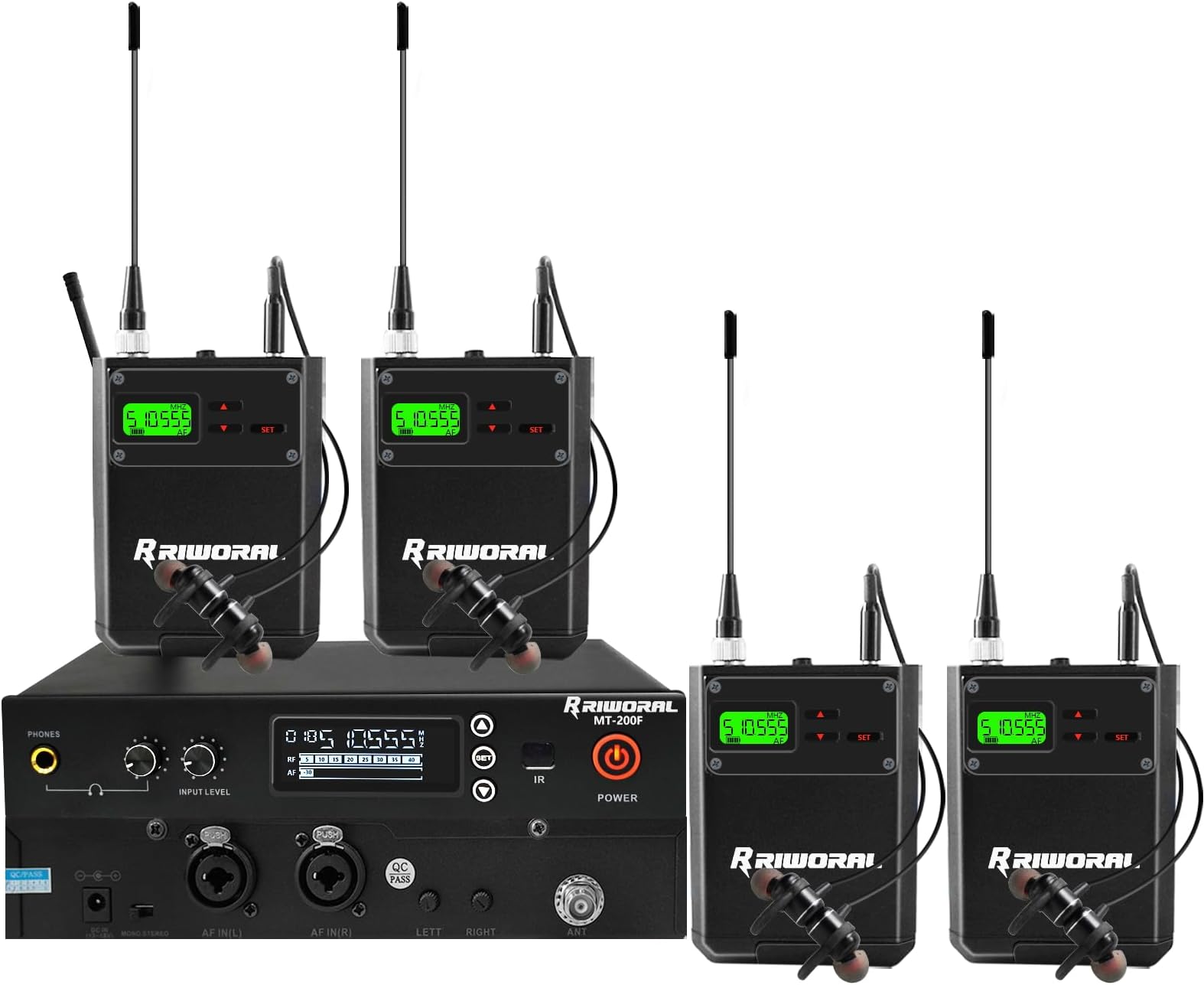 Riworal Wireless in-Ear Monitor System, 4 Bodypacks Stage Monitoring with Stereo Select UHF Channels Auto Scan System Transmitter and Receiver with Earphone,262ft for Stage, Band, Studio