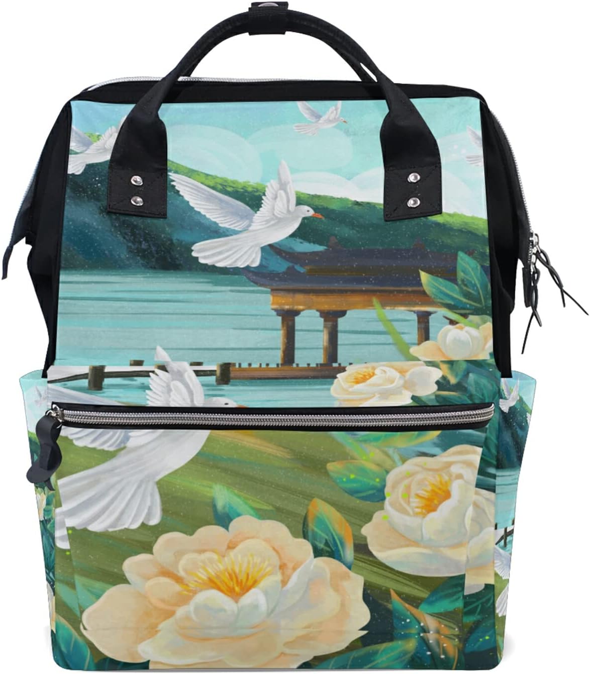 Rose Crane Floral Mountain Landship Diaper Bag Backpack Mom Bag Casual Lightweight Large Capacity for Travel Mammy Women Girls