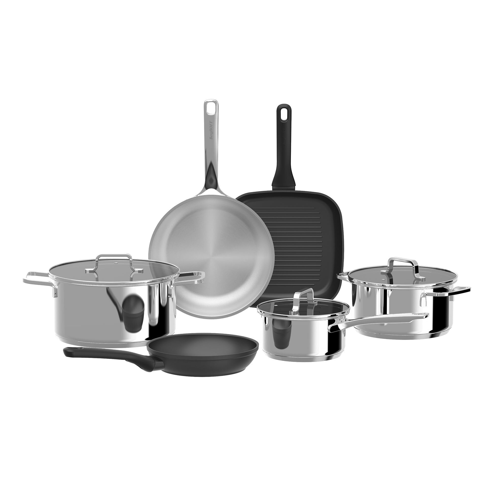BERGHOFF Helix 9PC Cookware Set - Stainless Steel & Aluminium Tinted Glass Ovenproof, 16cm Saucepan, 20 cm Casserole,24 x 12cm Casserole, 20 cm Frying Pan, 24cm Frying Pan, 1 Grill Pan 24cm