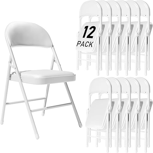 Paquete de 12 sillas plegables blancas con cojín acolchado y respaldo para exteriores, sillas plegables comerciales apilables portátiles con marco