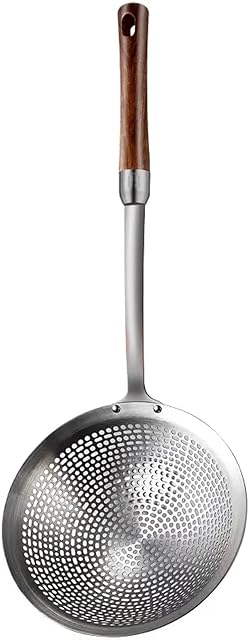 HOJKMA Spider Strainer Skimmer Ladle, 16.73 Inch 304 Stainless Steel Skimmer Spoon Deep Spider Strainer Kitchen Cooking Mesh Colander Spoon Utensil with Wood Long Handle for Cooking, Draining, Frying
