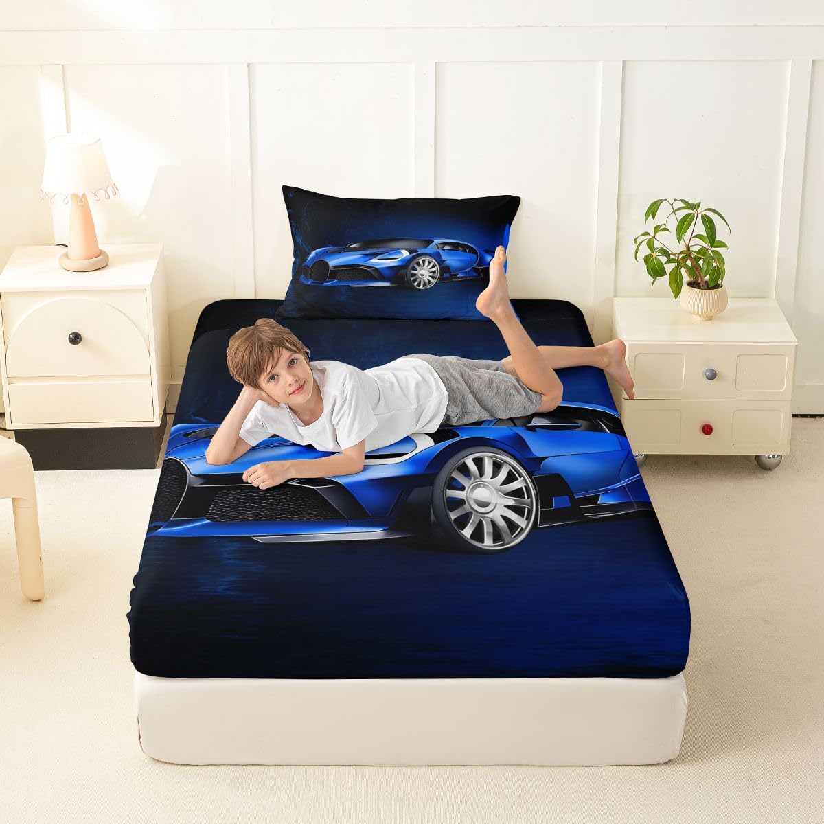 Feelyou Sports Car Bed Sheets Blue Race Car Sheet Set for Kids Boys Girls Extreme Sports Bed Set Sheet Set Cool Speed Luxury Car Decor Sheets with 1 Pillowcase 3Pcs Bedding Twin