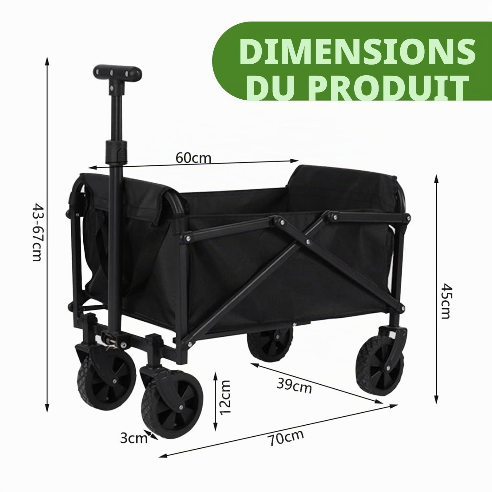 Chariot de Plage Pliable de 100L- Petit Chariot de Transport avec Roues | Chariot Pliable Avec Freins, pour la Plage, le Sport, l'Extérieur, le Jardin, le Pique-nique, le Shopping et la Pêche