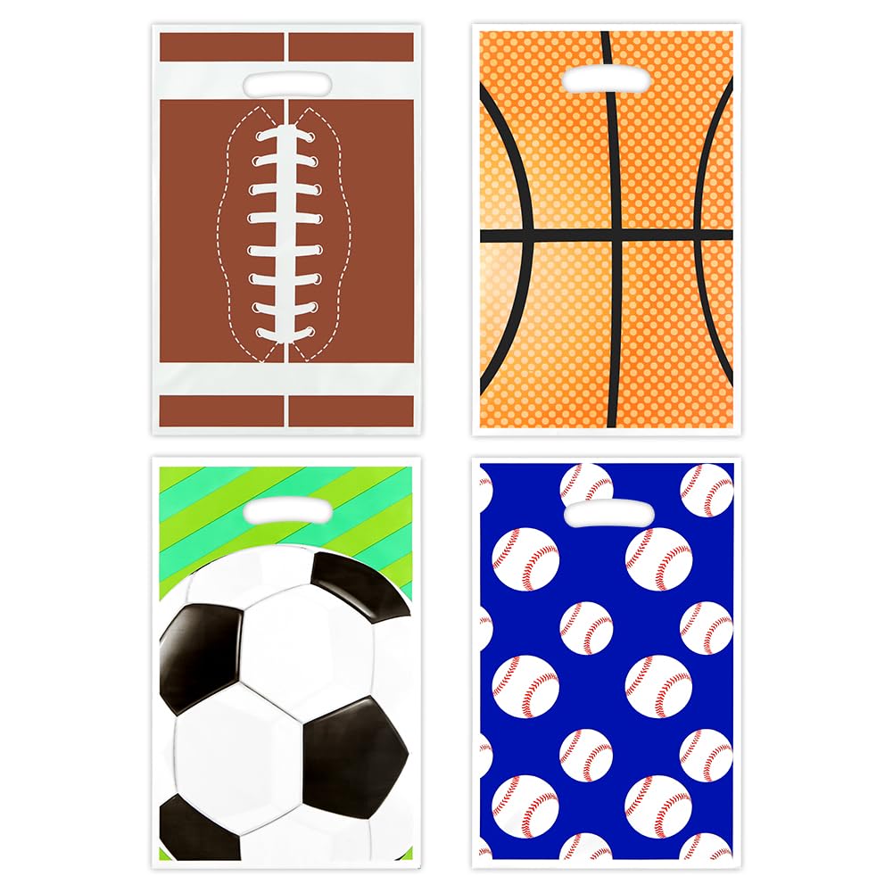 40pcs Soccer Goodie Bags for Team Party Favors, 4 Designs Football Basketball Rugby Baseball Sport Theme Gift Bags, Plastic Candy Snack Goody Treat