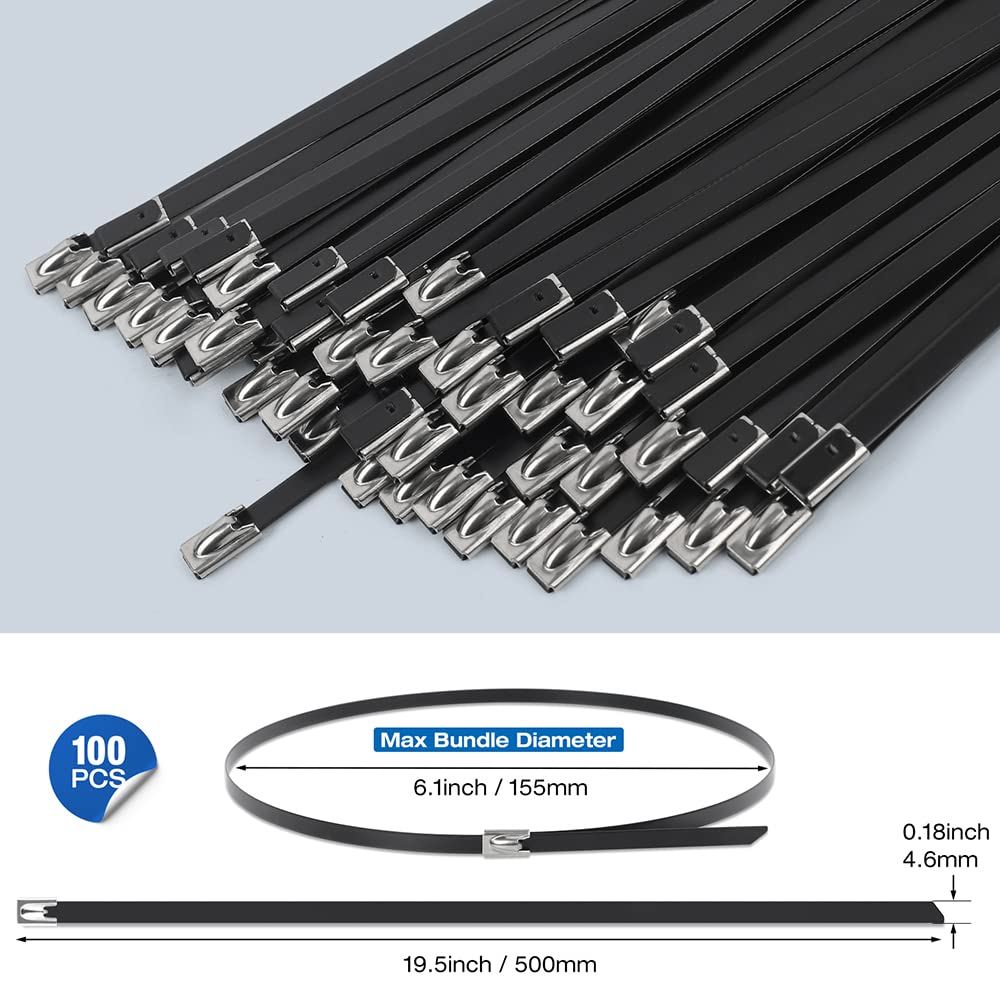 Bridas de metal resistentes para automóviles, 40 bridas de acero inoxidable negras de 19.8 pulgadas, bridas de alambre autobloqueantes multiusos, adecuadas para vallas, exteriores y toldos