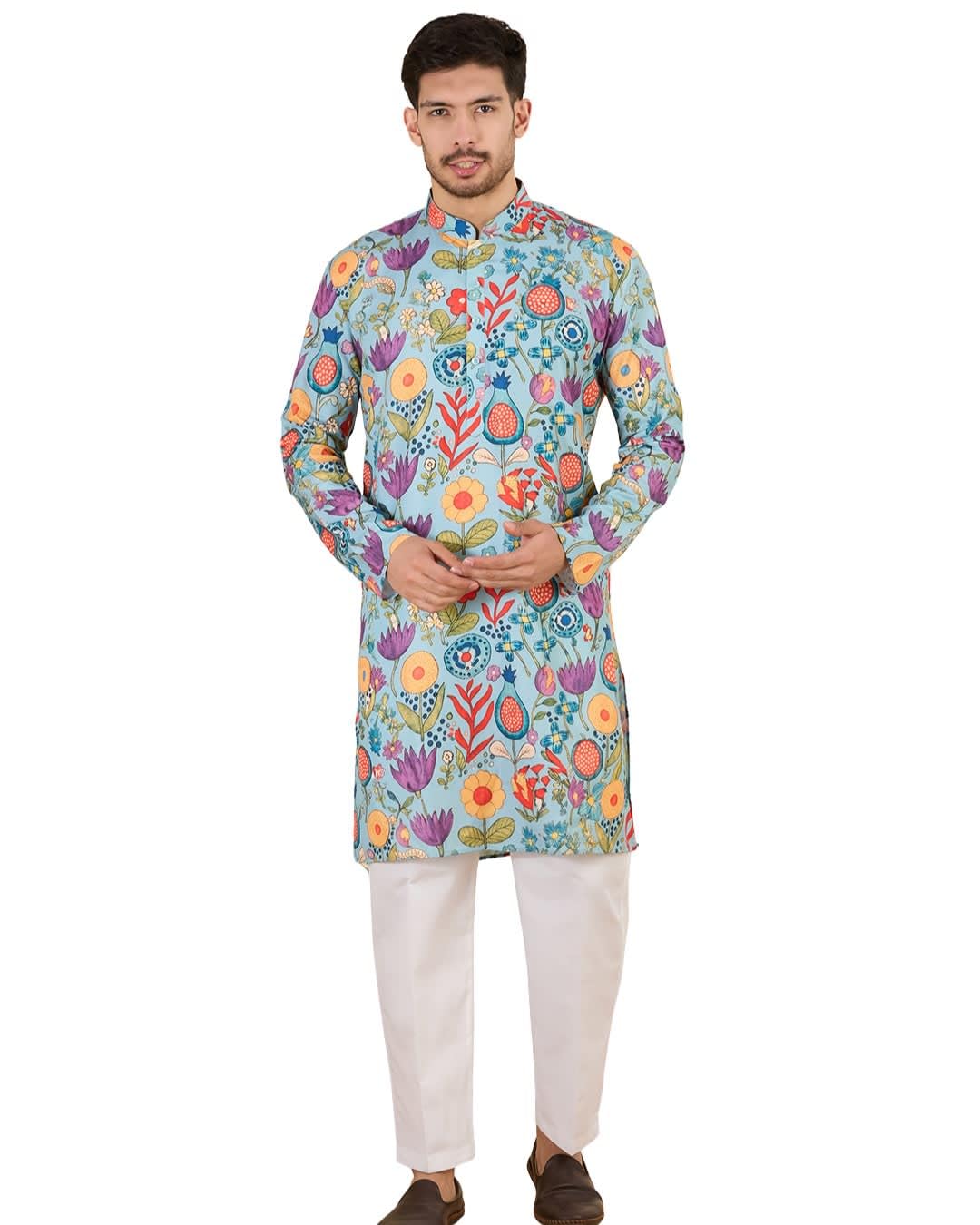 studio shringaar Men's Viscose Modal Printed Relaxed Fit Knee Length Kurta With Pant-picture-40