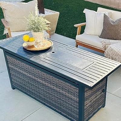 Sophia & William 56 Inch Gas Fire Pit Table Outdoor Rattan Propane Fire Table & Fireplace with Fire Glass, Lid, 50,000 BTU Firepits for Outside Patio