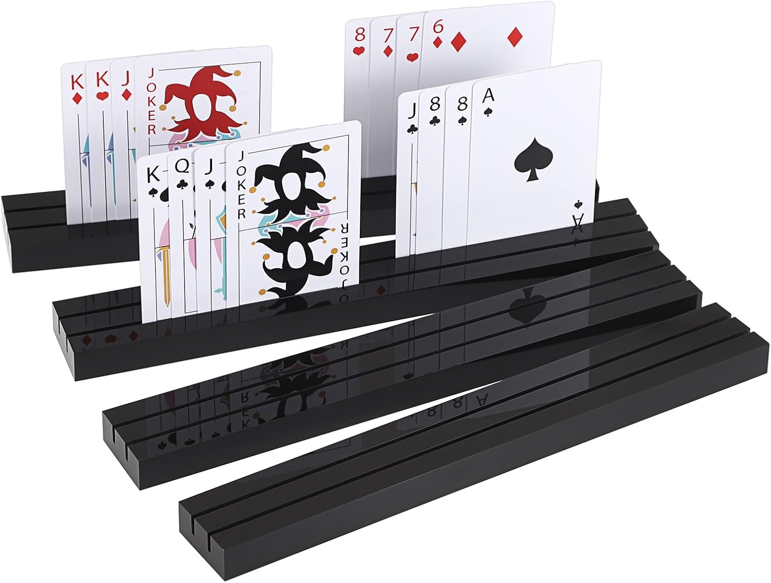 OwnMy Set of 4 Acrylic Playing Card Holders Playing Card Racks with Dual Grooves, Black Acrylic Card Holder Stands with 2 Card Slots - Card Game Organizer Accessories for Seniors