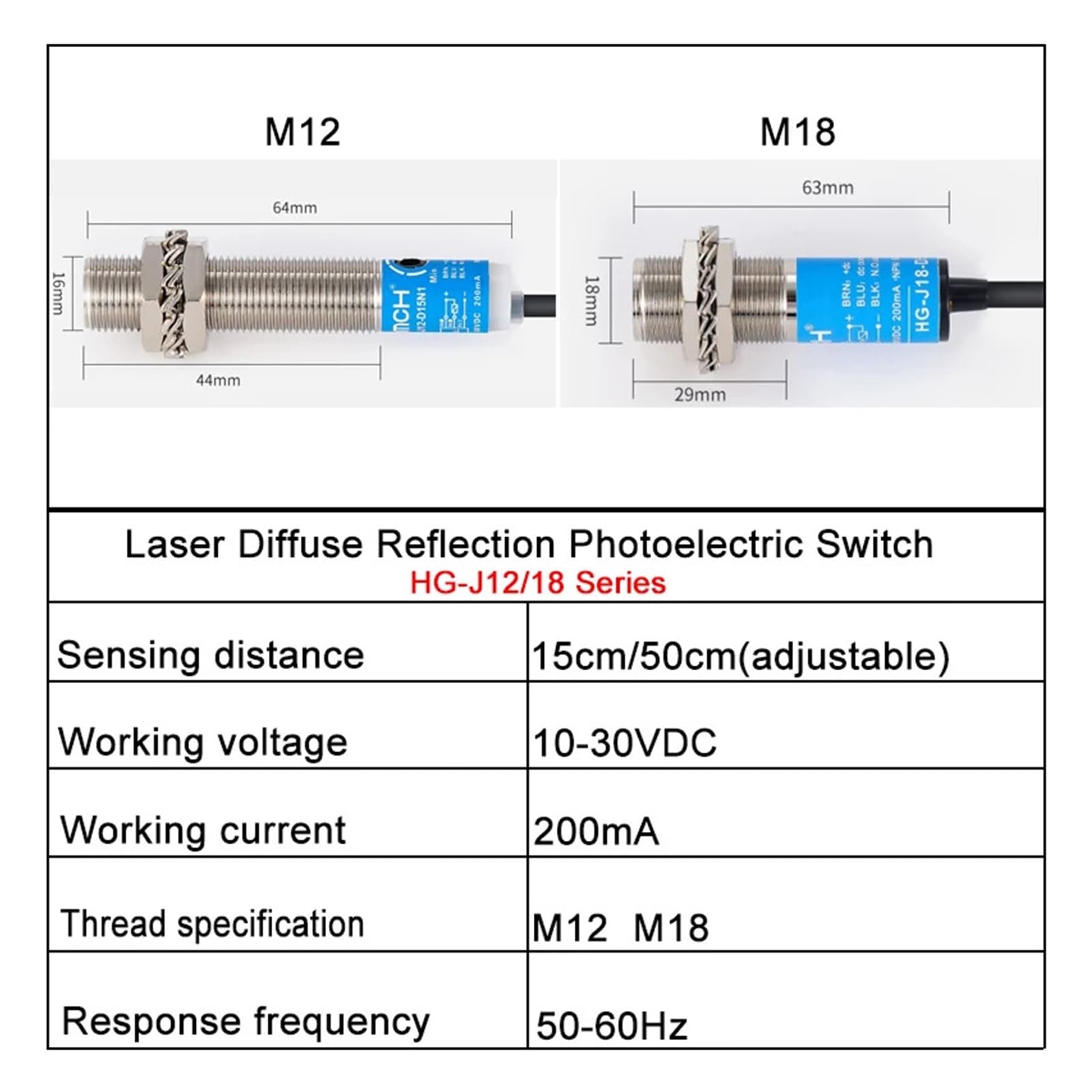 Laser-Diffusreflexions-Lichtschranke HG-J12/18 D15 D50 M12/M18 15 cm 50 cm Erfassungsabstand Infrarotsensor(Hg-j18-d50p2)
