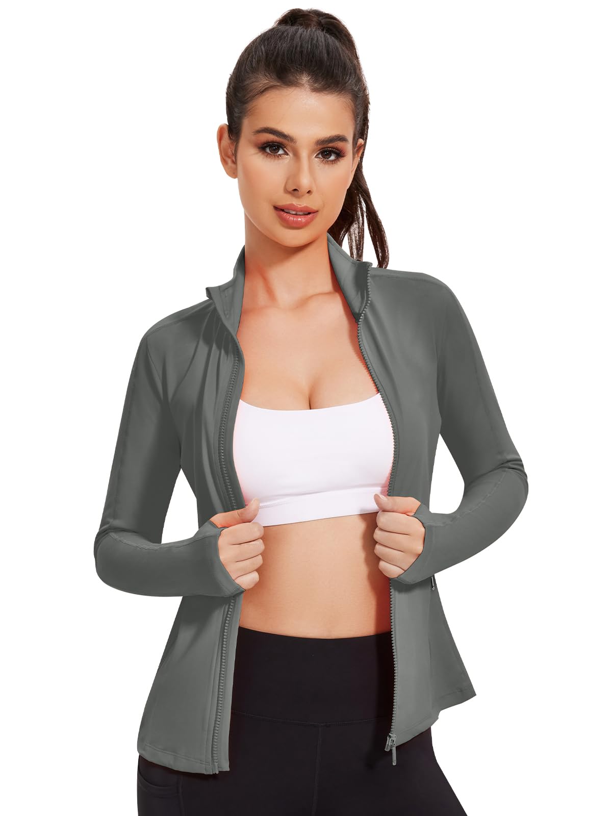 VUTRU Veste de course à pied pour femme - Veste de sport - Manches longues - Veste respirante avec poches - Trous pour les pouces avec fermeture éclair