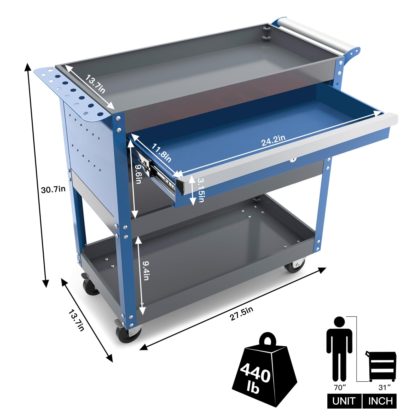 Carrello Porta Attrezzi con Ruote a Tre Livelli AIRAJ,Carrello Officina con Cassetti,Carrello Attrezzi Adatto per Garage, Officine, Magazzini e Officine,Carrello da Officina,Blu