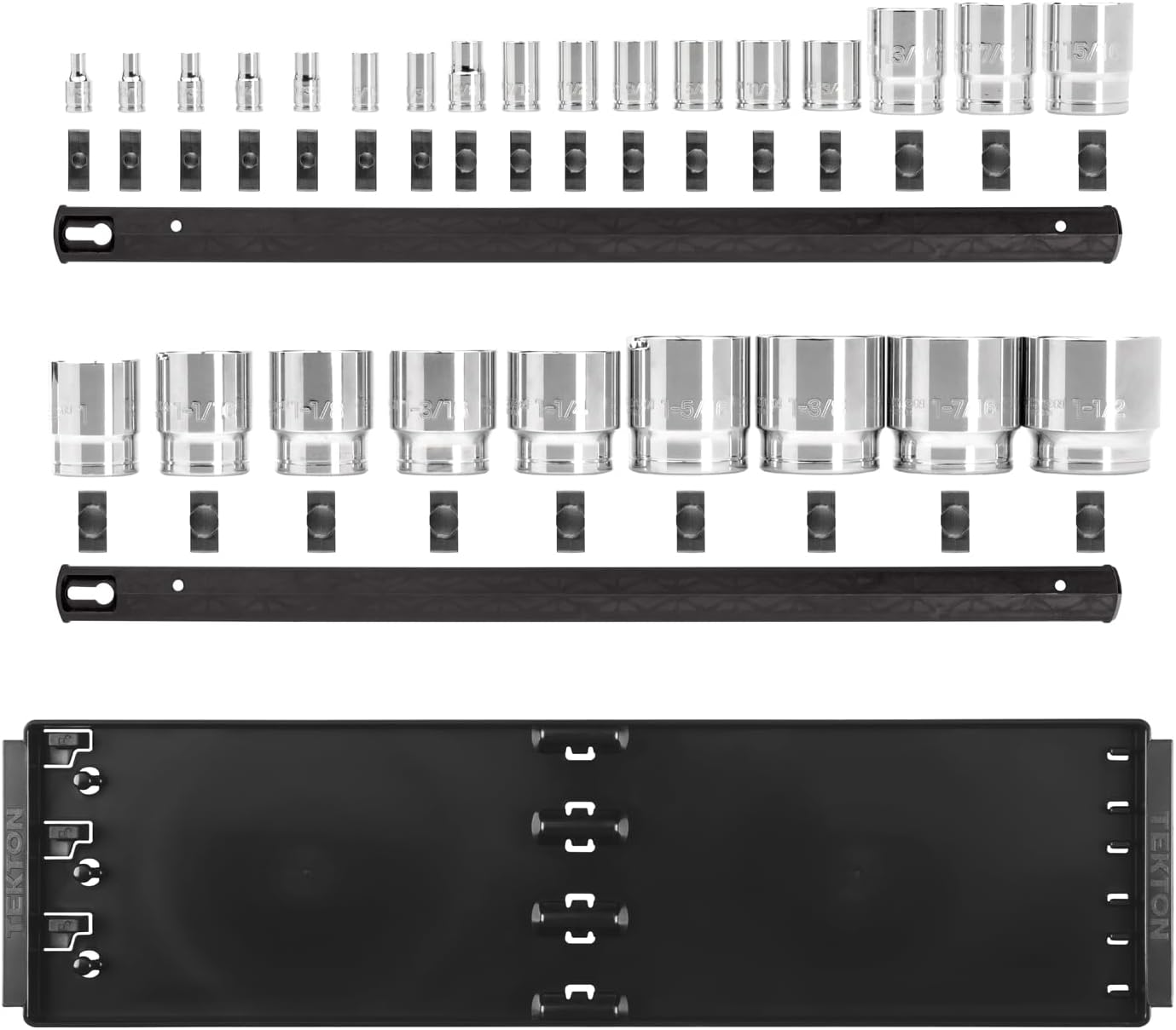 TEKTON 1/4, 3/8, 1/2 Inch Drive Shallow 6-Point Socket Set with Rails, 26-Piece (5/32-1-1/2 in.) | SHD99204