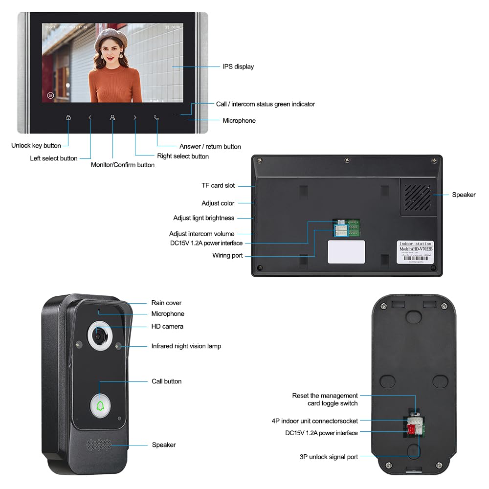 Sistema di videocitofono cablato con schermo a colori IPS da 7 pollici, videocitofono HD 1080P e telecamera da 2 megapixel con supporto per sblocco, citofono bidirezionale