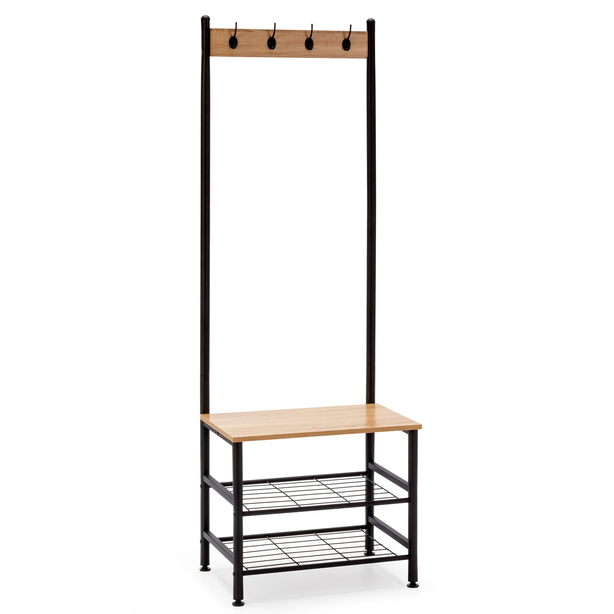 HOMN LIVING Perchero con zapatero Lisa con banco 2 estantes, color Roble/Negro, 60 cm (Ancho) 40 cm (Profundo) 175 cm (Altura)