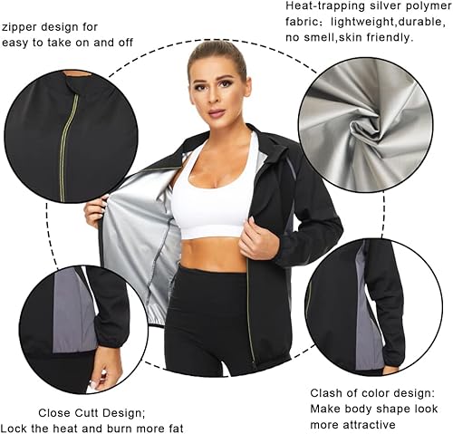Miniatura 2 de NINGMI Traje de sauna para mujer, chaquetas de sudor, camisa de entrenamiento de manga larga, parte superior adelgazante con cremallera, moldeador