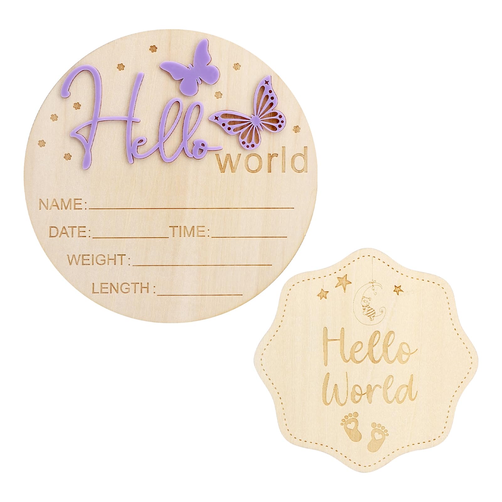 APOMOONS Meilensteinkarten Baby Holz 2 Stück, Baby Meilensteinkarten 14.8cm und 9.8cm, Hello World Baby Holzschild Willkommensschild für Babypartys Fotorequisiten, Namensschild für Mädchen und Jungen