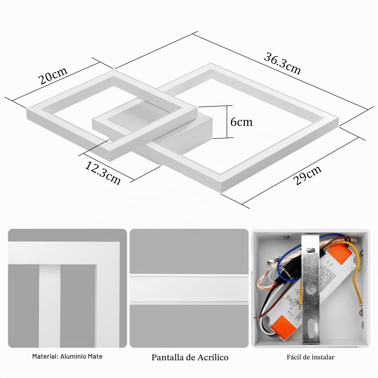 Klighten Lámpara de Techo Led 35W 2400 Lumen, Moderna Plafón Led Techo, Luz de Techo Aluminio para Dormitorio Salón Cocina Pasillo, 36 x 36 x 6 cm, Blanco Cálido 3000K, Blanco
