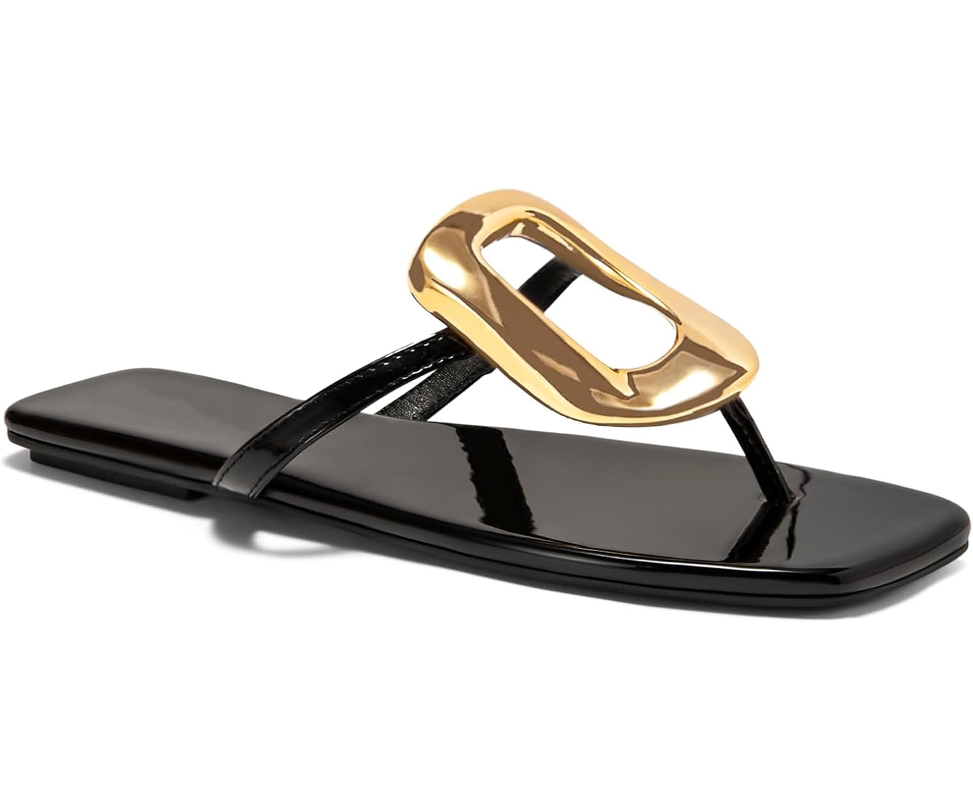 Womens Summer Square Toe Flip Flops Flat Sandals Slip On Shoes Slide Sandals with Gold Metal Decoration Dressy 2025