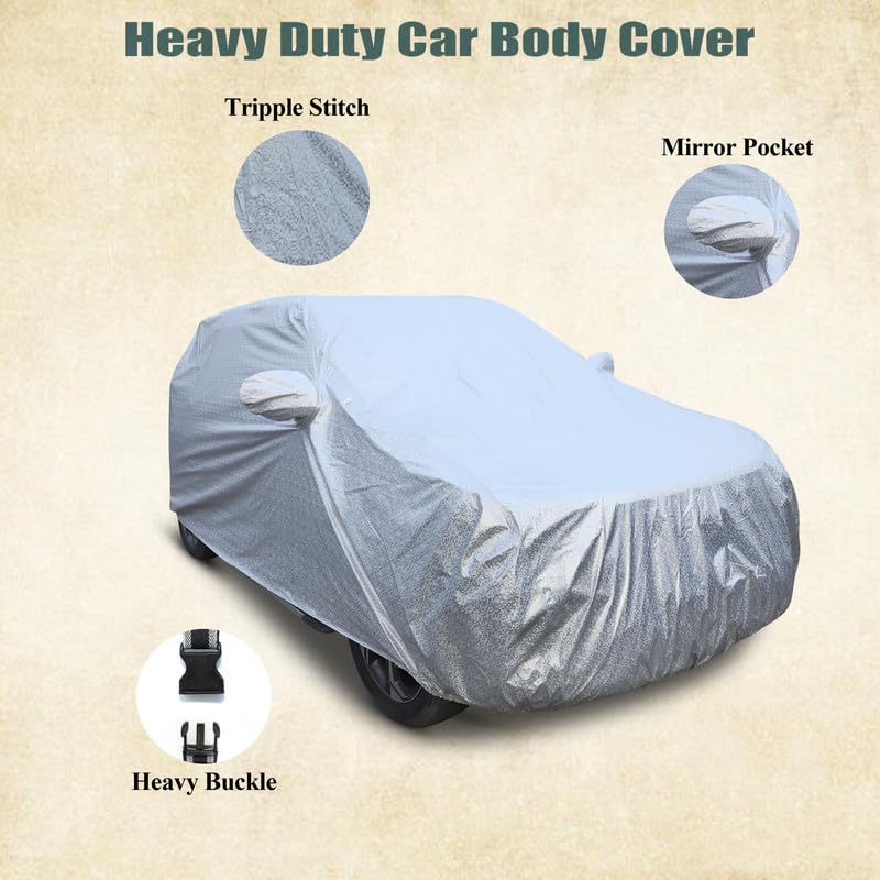 Image of Silver Check Waterproof Car Body Cover Heat and Dust Resistant Heavy Buckle Mirror Pockets Car Accessories Essentials for (Silver Check, for Volkswagon Vento)
