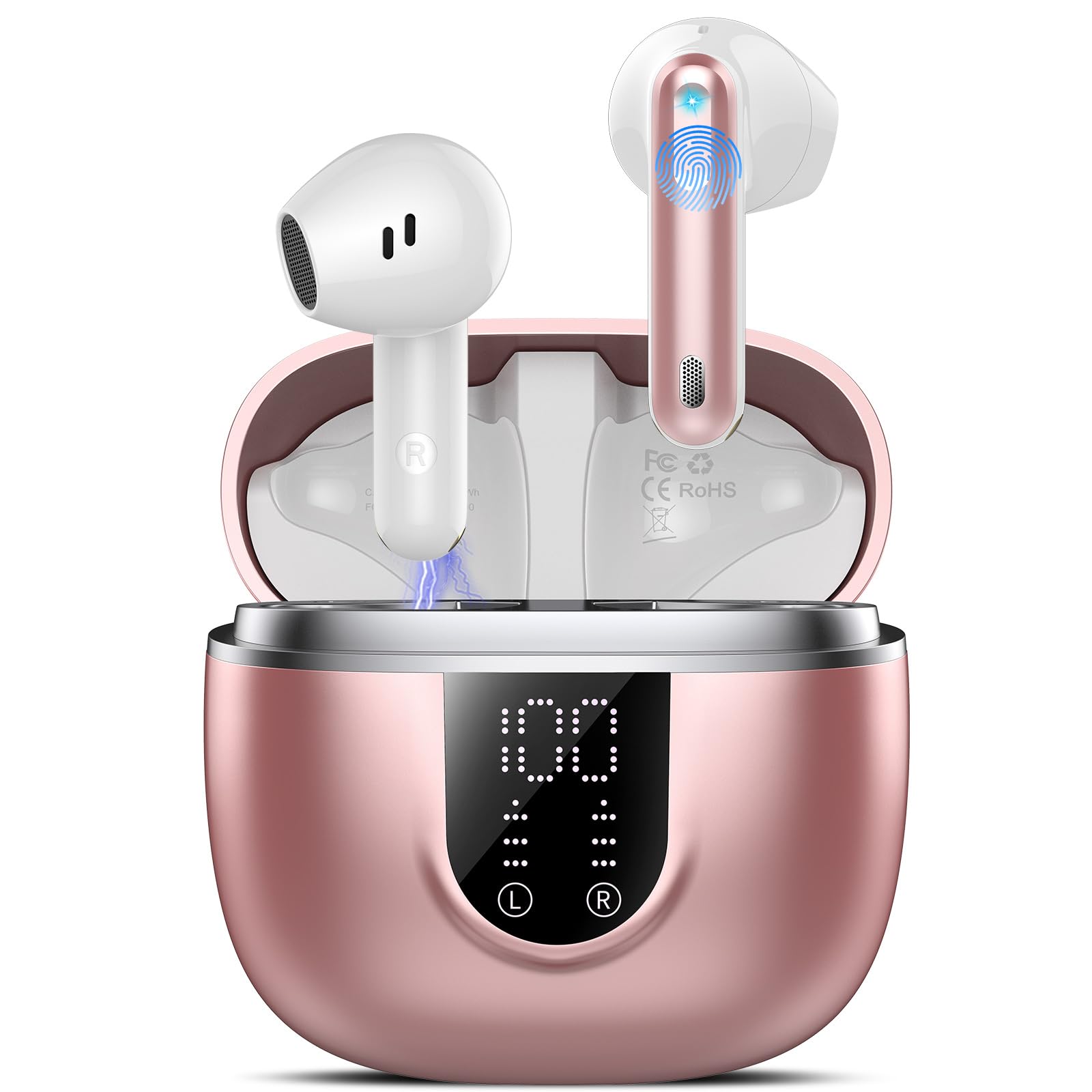 Bluetooth Kopfhörer, Kopfhörer Kabellos Bluetooth 5.4, Hi-Fi Sound in-Ear-Kopfhörer mit ENC Noise Cancelling, 45 Std Spielzeit, LED Anzeige, IP7 Wasserdicht Ohrhörer für Arbeit und Studium, Roségold