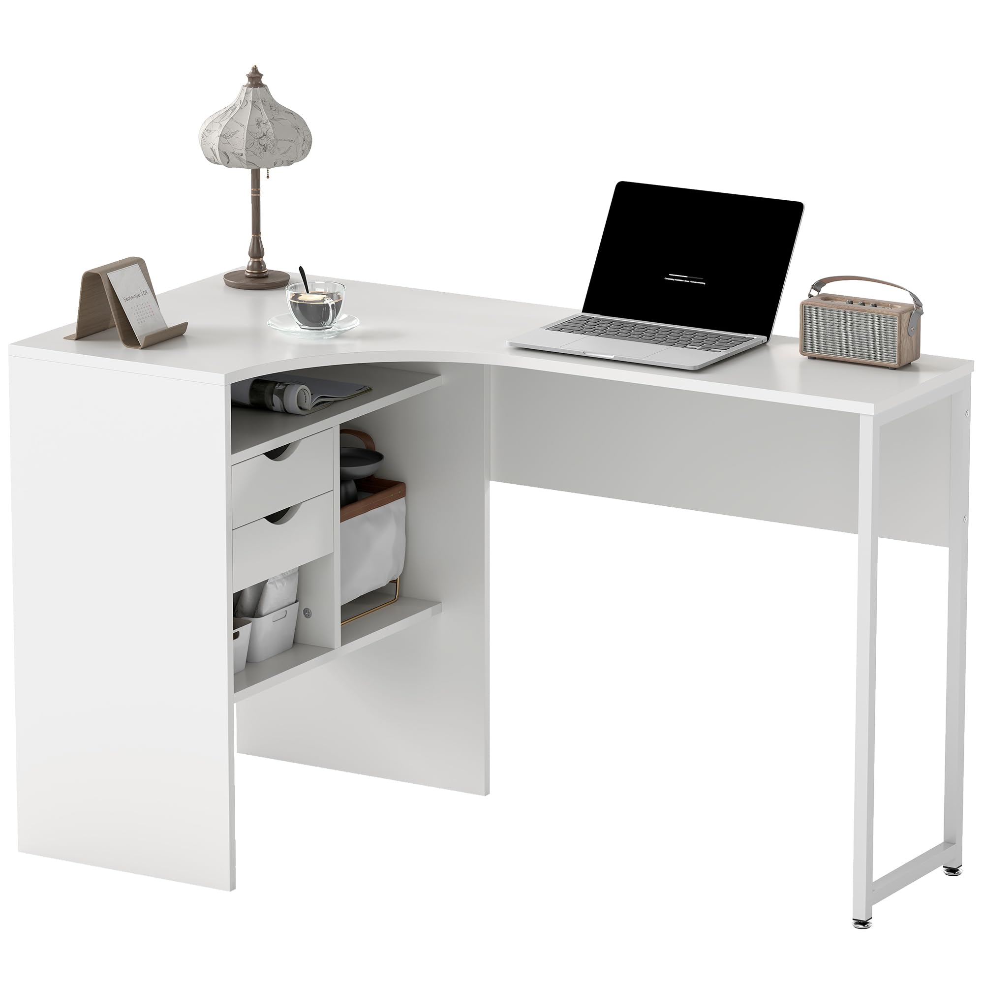 HOMCOM Scrivania angolare con 2 cassetti, 120 x 60 cm, Scrivania a L con 3 scomparti aperti, Tavolo per computer per studiare, lavoro, camera, casa, bianco