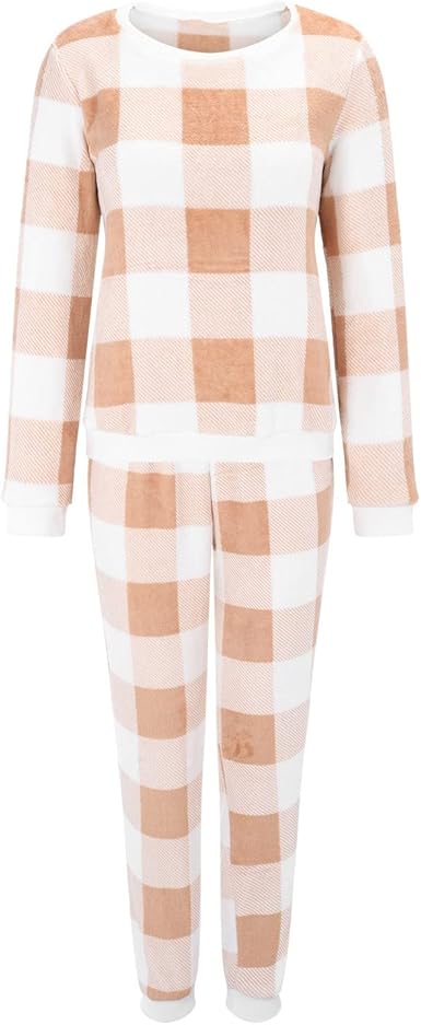 Damen Schlafanzug Winter - Kuscheliger Fleece Pyjama Set Langarm, Kariert