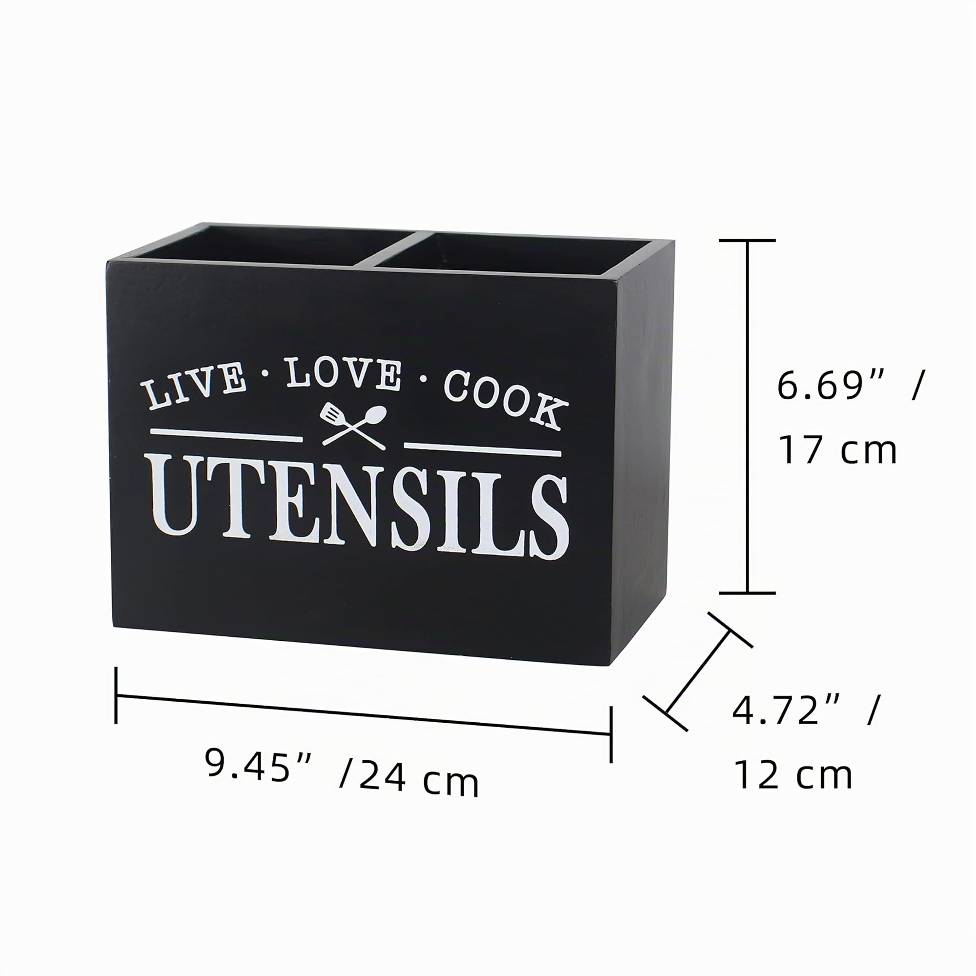 Portautensili da Cucina con Fondo Rimovibile Grande 2 Scomparti Organizzatore Utensili Caddy Stile Farmhouse per Decorazione Piano di Lavoro, 9 x 7 x 5 pollici, Nero