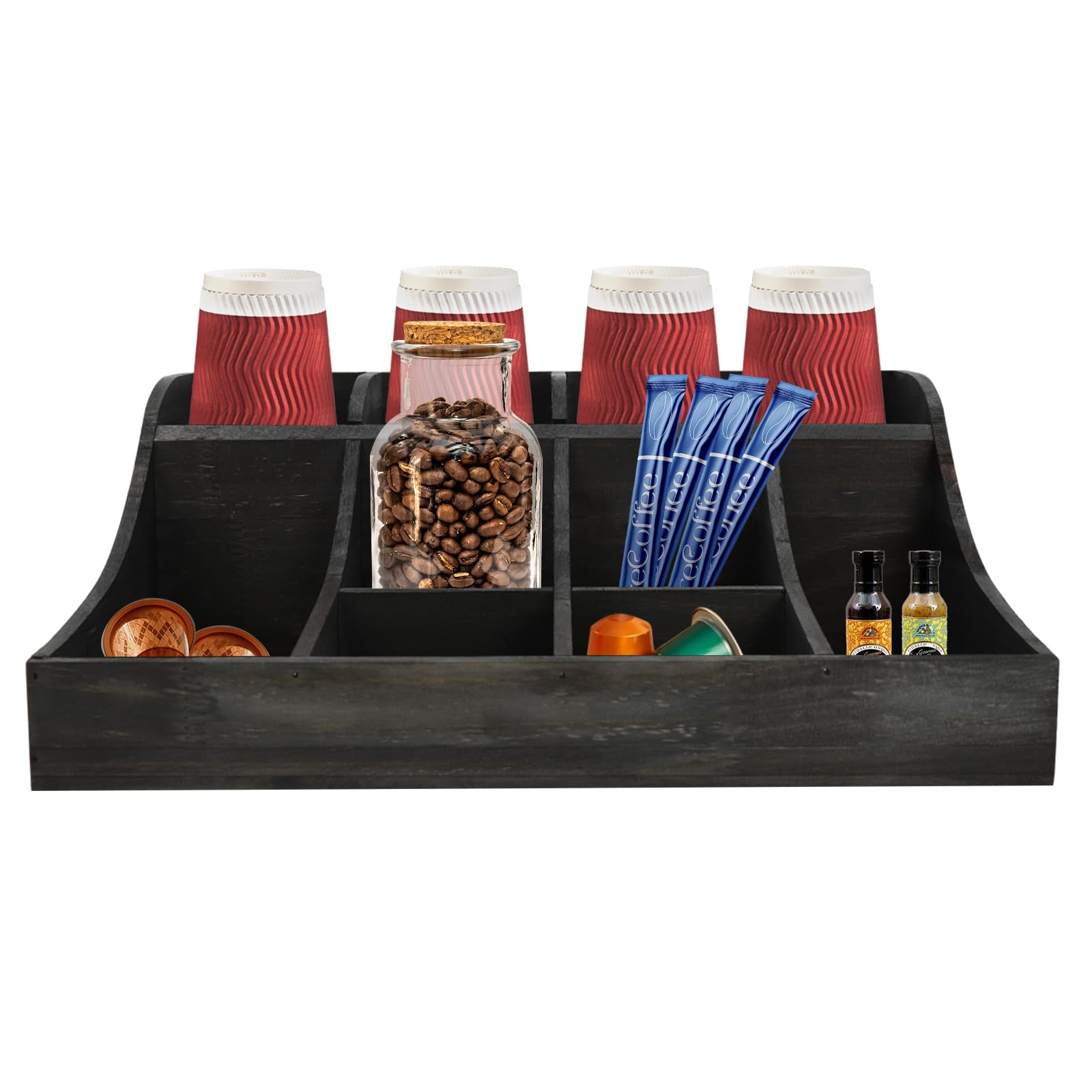 LINISHOP Condiment Organizer 9-Compartment Organizer Wooden Condiment Holder Tabletop Pine Condiment Organizer Coffee & Tea Organizer Holder for Home Kitchen Office, 16.25 * 12.5 * 6.25in (Black)