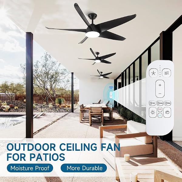 60 Inch Ceiling Fan with Light, Outdoor Ceiling Fans for Patios Damp Rated, Modern Black Ceiling Fan with Remote 3 CCT Dimmable Large Airflow, High CFM Industrial Ceiling Fans for Bedroom Exterior Fan by NWIASS - Used condition - Image 2