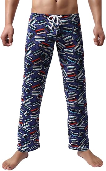 Mens Soft Pajama Pants Retro Print Loungewear Elastic Waistband Sleep Lounge Pant