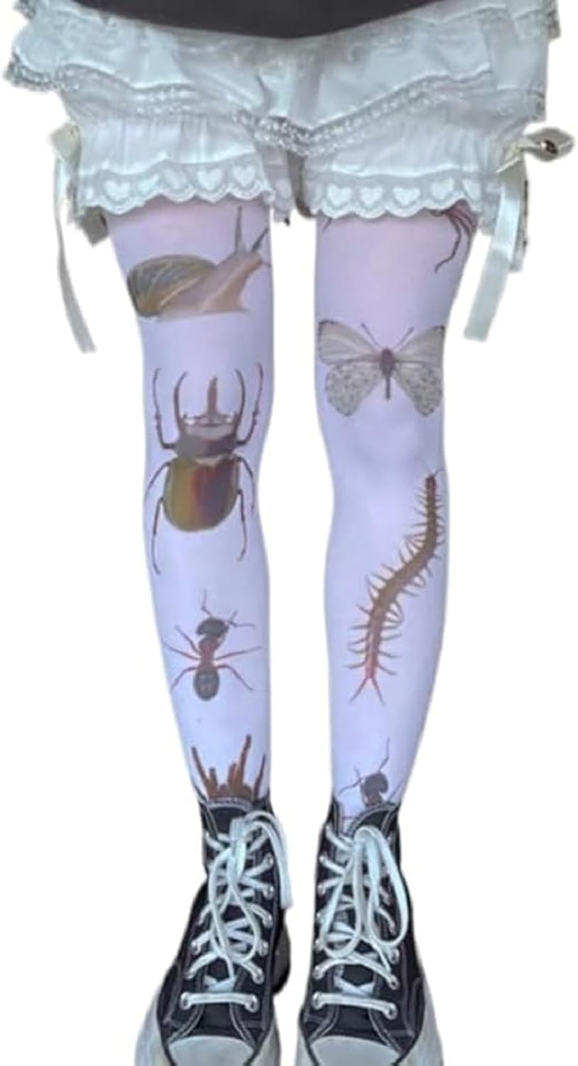 Whimsy Twee Bug Print Funky Tights Emo Goth Patterned Stockings Whimsical Clothes Y2k Grunge Aesthetic