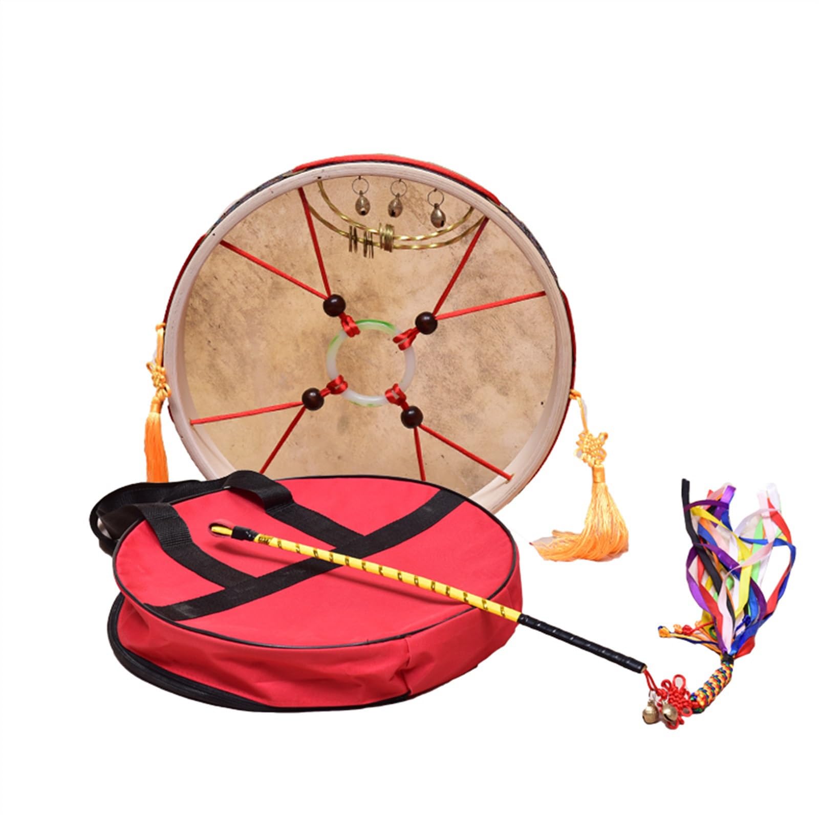 Tambour de Buffle Double Rangée Roseau en Cuivre avec Baguettes Percussion Tambour Chamanique Alchimie Tambour à Main, Guérisseur de Son Spirituel Méditation Réflexion(50cm,3-piece set)