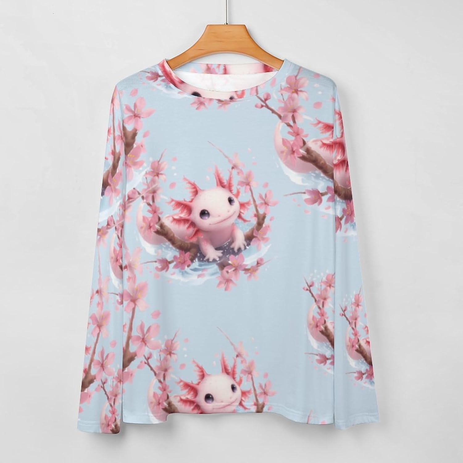 Cute Axolotl Cherry Flowers Women's Pajama Top Sleepwear Pajamas Sleep T-Shirt Long Sleeve Shirt Crewneck Tee
