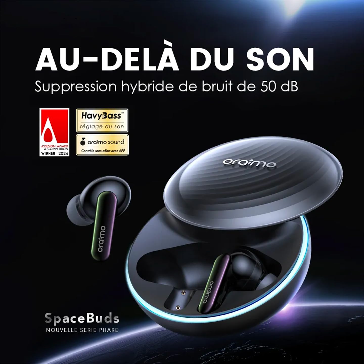 Oraimo SpaceBuds - Écouteurs Bluetooth sans Fil, Réduction de Bruit Active ANC Hybride 50dB, Autonomie 40h, Écouteurs Intra Auriculaires Basse Latence Jeu, 6 Micros Appel Clair, IP54 - Space Grey