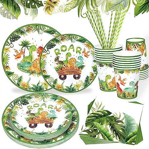 Yuanbigtai 120-Piece Dinosaur Party Supplies - 24-Serve Disposable Tableware Set with Plates, Cups, Napkins, and Cutlery for Dinosaur Themed Parties