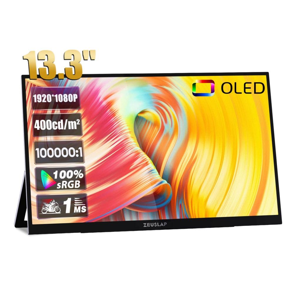 ZEUSLAP OL133ED Monitor Przenośny 13,3” 1920×1080 OLED Dotykowy Full HD 1920x1080 USB-C HDMI do Laptopa Telefonu PS4 PS5 Nintendo Switch do Pracy Grania Nauki Rozrywki