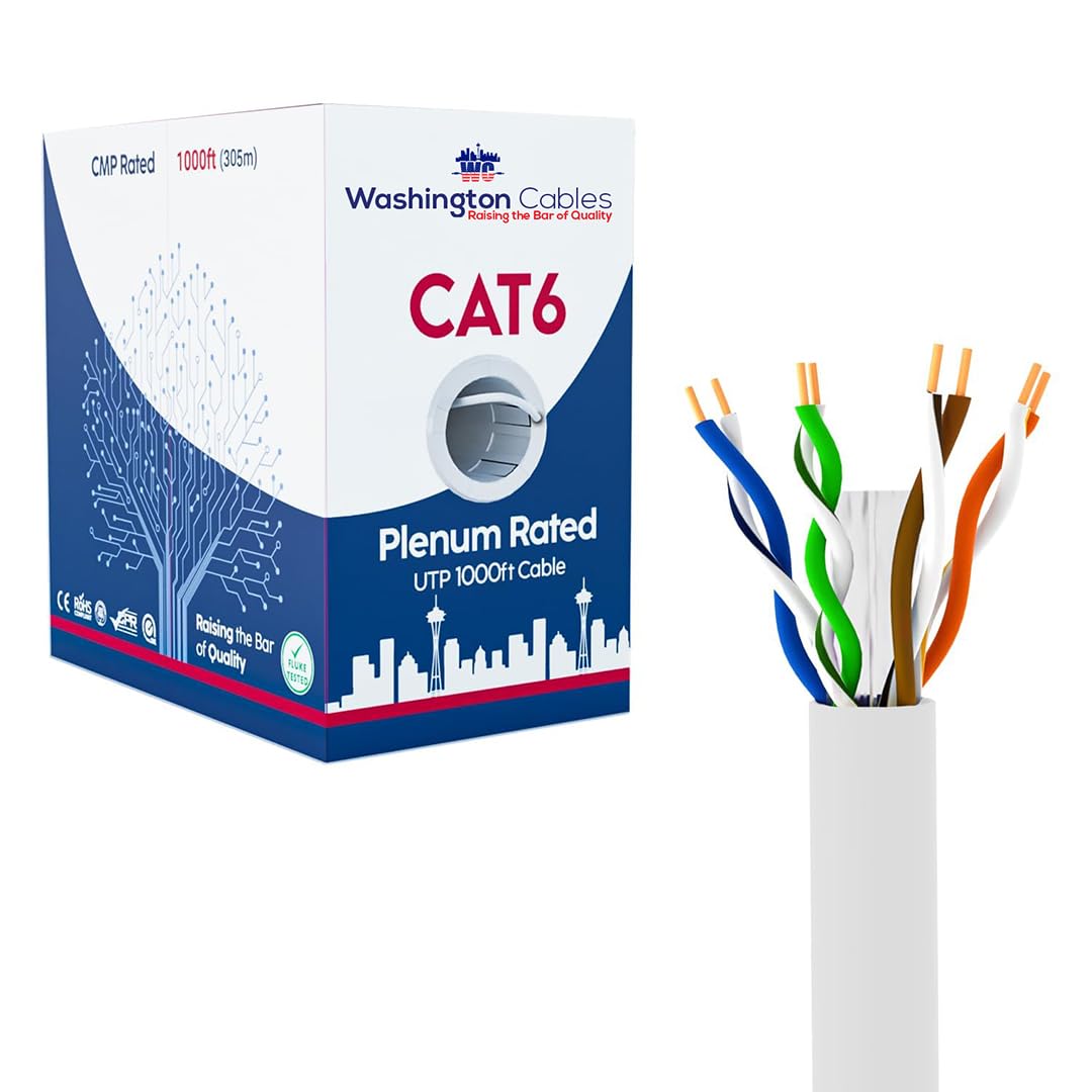 Washington Cables Cat6 Ethernet Cable 1000ft Plenum | UTP, 550MHz, 23AWG, 4Pair, 10GB Cat6 Plenum Cable 1000ft | Premium Cat 6 Ethernet Cable Plenum Rated (White)