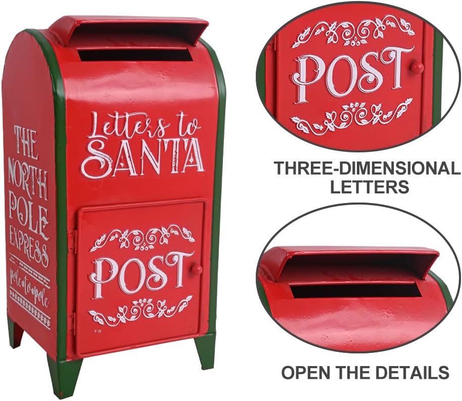 Letters to Santa Mailbox North Pole Post Vintage Mailbox Letters Decoration Christmas Farmhouse Decor/Rustic Metal Christmas Decor Decorative Box (Red)