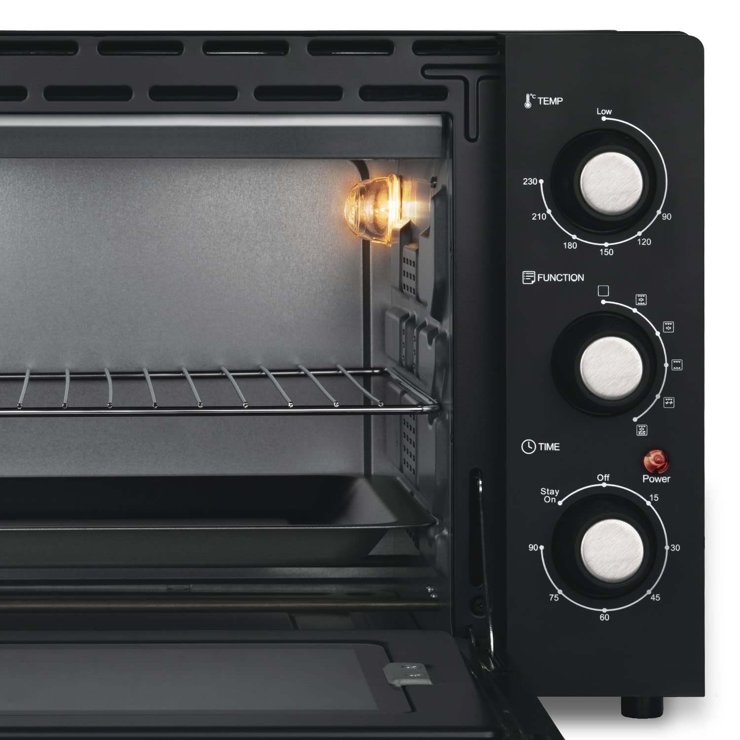 H.Koenig Mini Four Compact FO42, Capacité 42L, Température jusqu'à 230°C, 5 Modes de Cuisson, Minuteur jusqu'à 90 min, Chaleur Tournante/Rôtisserie, avec pince, ramasse-miette et tournebroche, 2000W